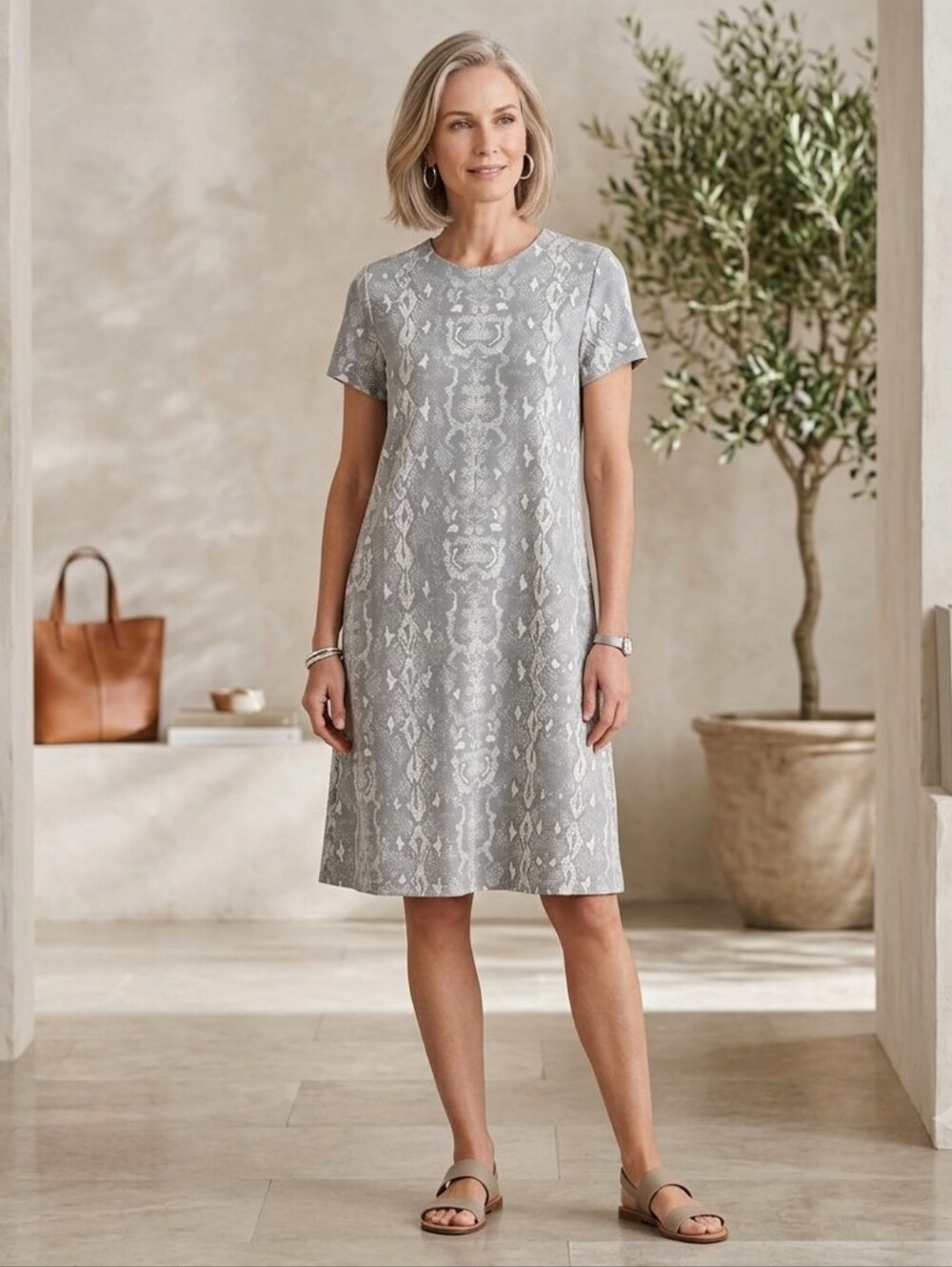 J. McLaughlin Snake Print Faux Suede Swing Dress Size XL Gray Cream